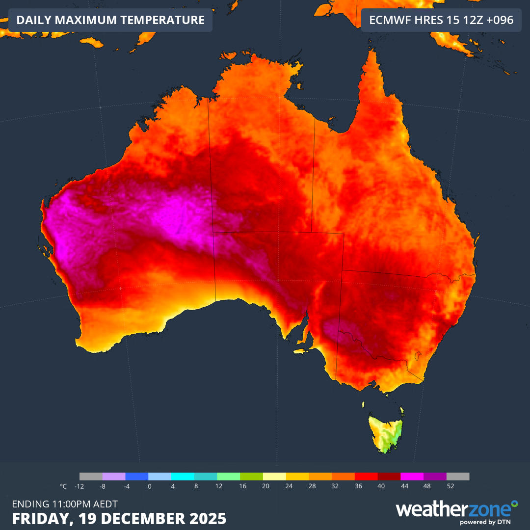 Forecast maximum temperature on Friday, December 19, 2025. Source: Weatherzone