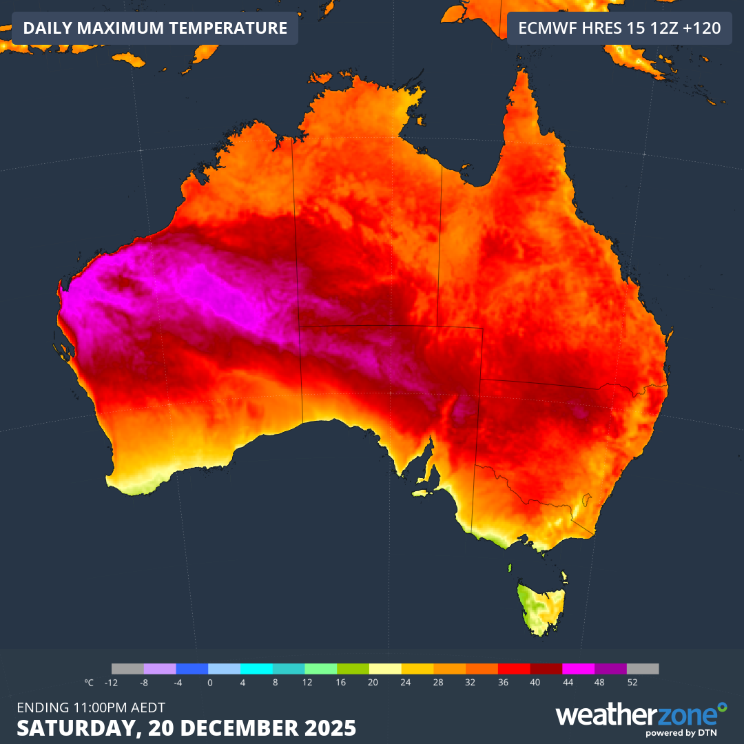 Forecast maximum temperature on Saturday, December 20, 2025. Source: Weatherzone.