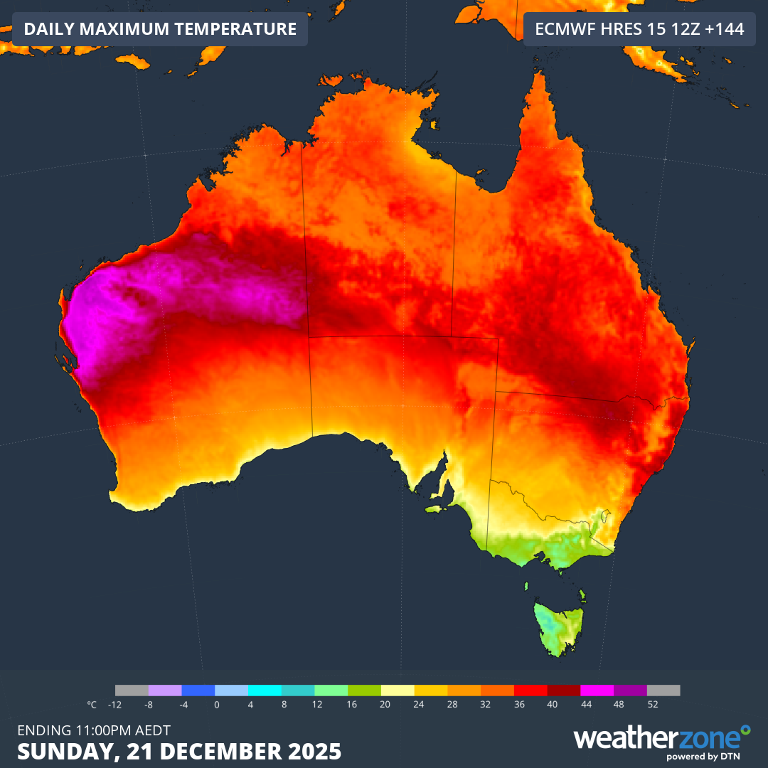 Forecast maximum temperature on Sunday, December 21, 2025. Source: Weatherzone.