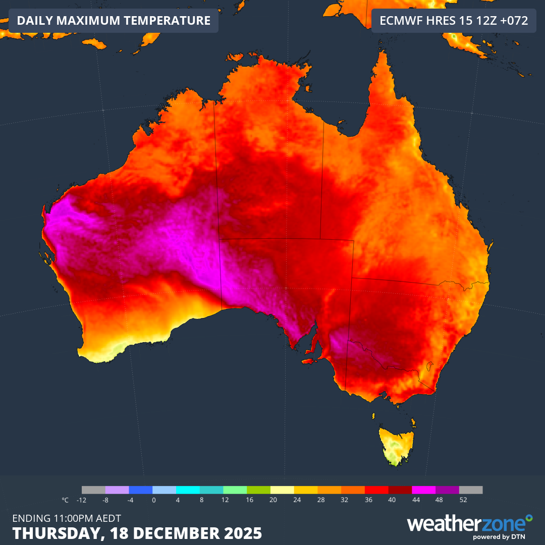 Forecast maximum temperature on Thursday, December 18, 2025. Source: Weatherzone.