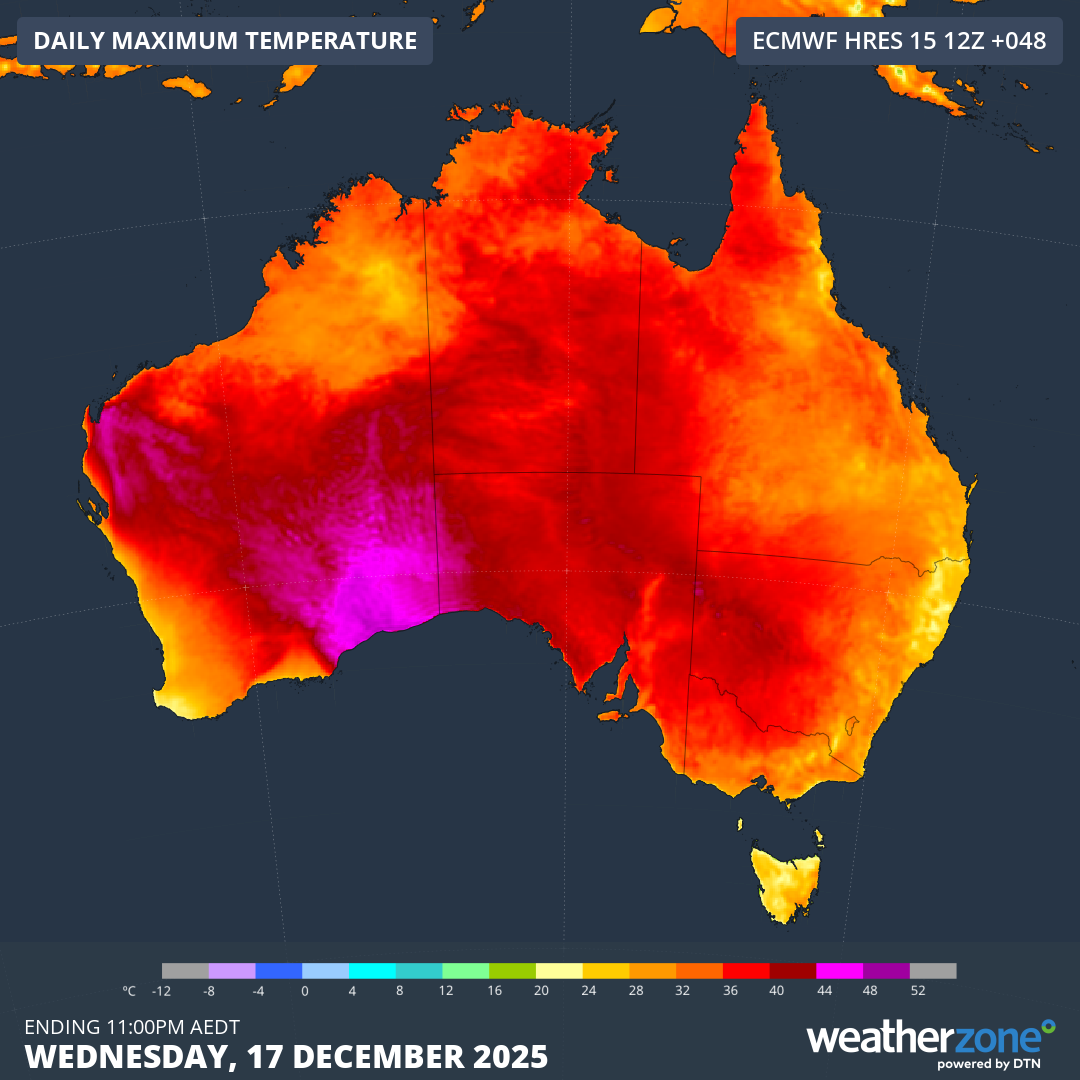 Forecast maximum temperature on Wednesday, December 17, 2025. Source: Weatherzone.