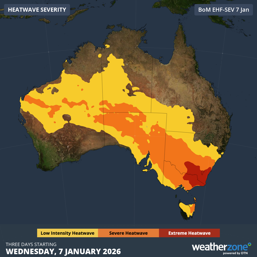 eatwave severity forecast for the three days starting on Wednesday, January 7, 2026. Source: Weatherzone.