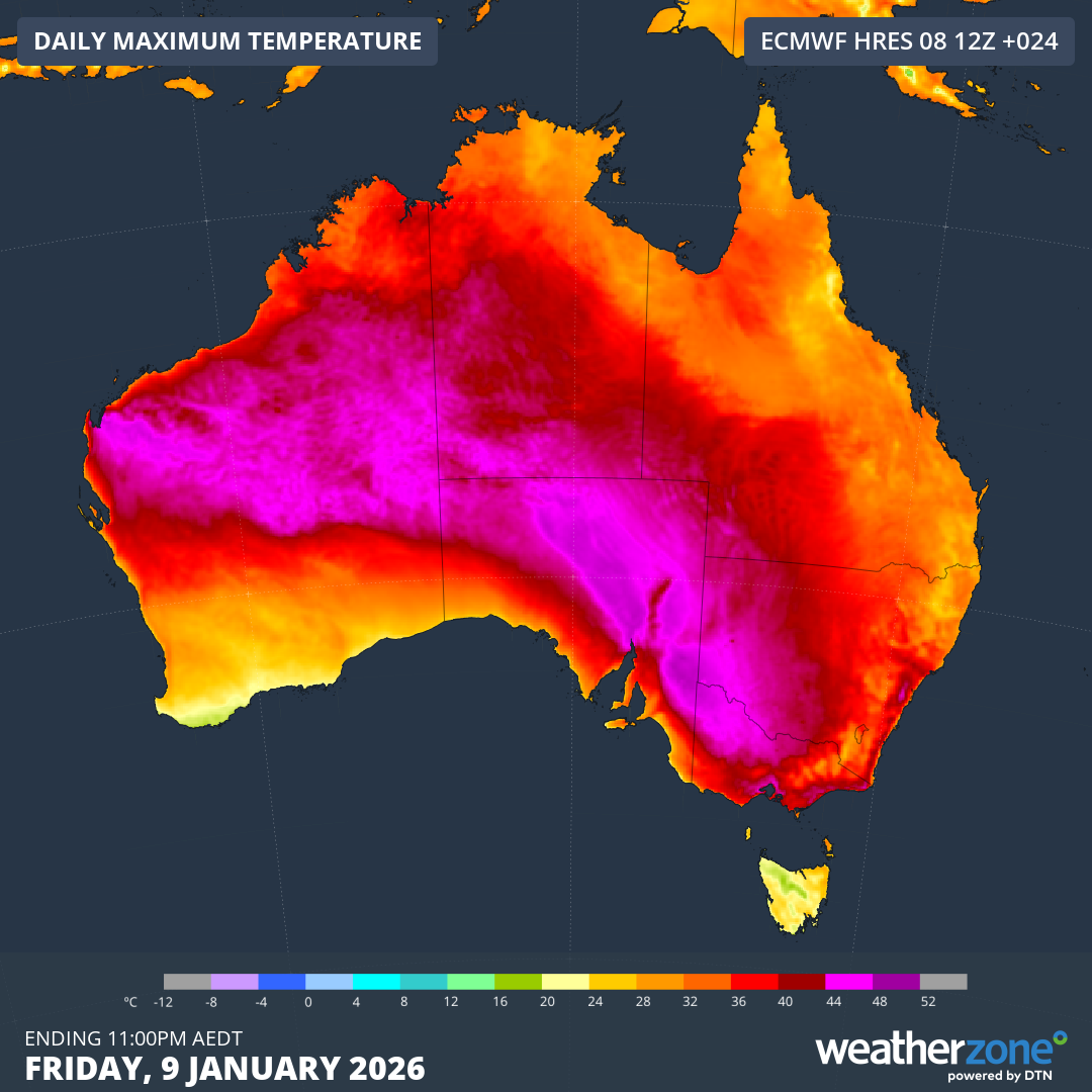 Forecast maximum temperatures over Australia on Friday, January 9, 2026. Source: Weatherzone.
