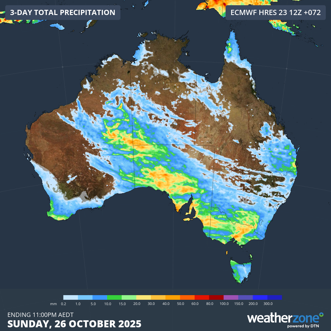 Forecast accumulated rain over the next three days, some of which will fall from thunderstorms.
