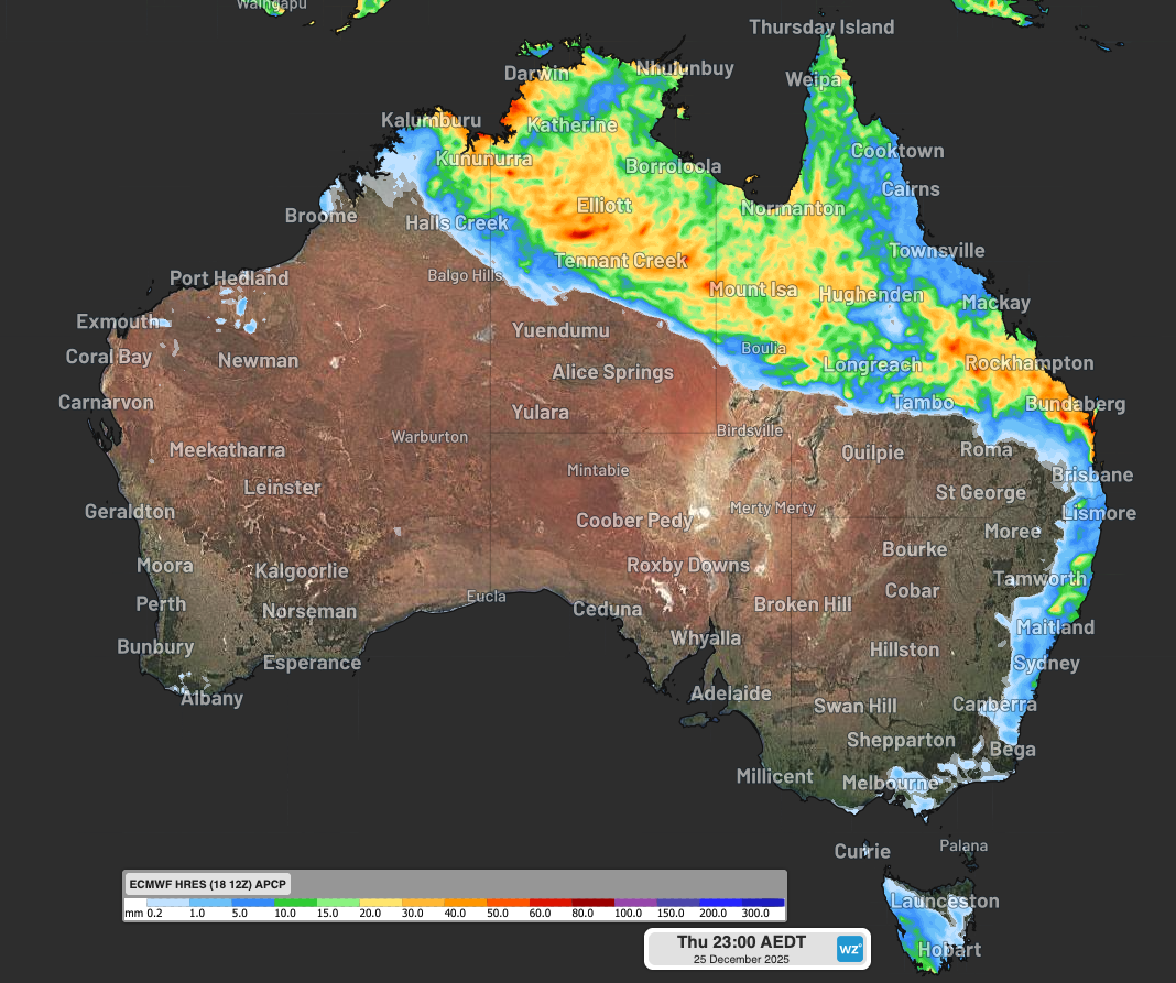 Forecast accumulated rain on Christmas Day according to the ECMWF model. Source: Weatherzone.