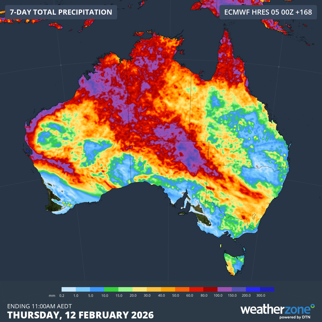 Forecast accumulated rain during the seven days ending on Thursday, February 12, 2026. Source: Weatherzone.
