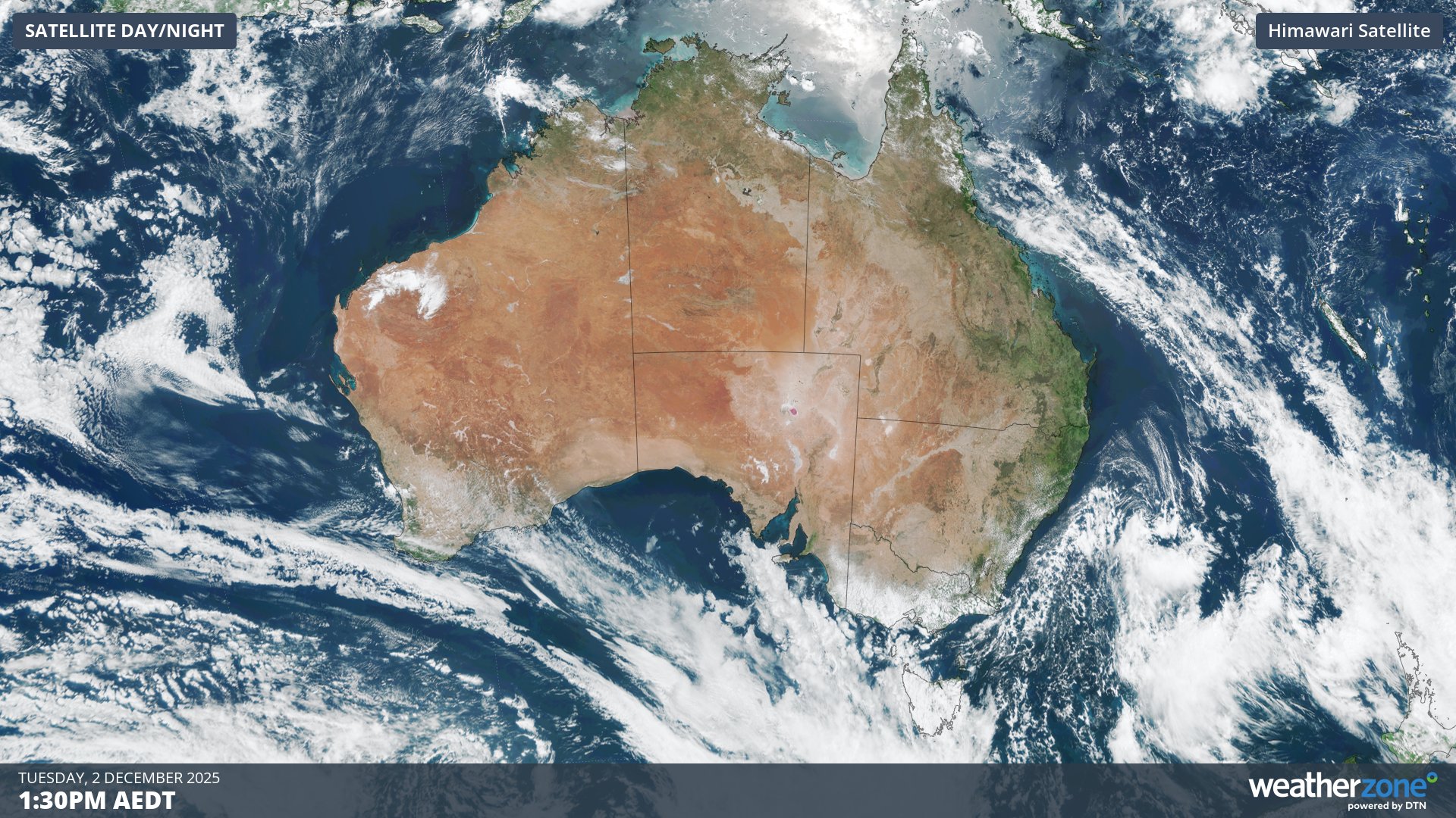 Visible satellite image showing clear skies over much of Australia on Tuesday, which is allowing heat to build up. Source: Weatherzone.