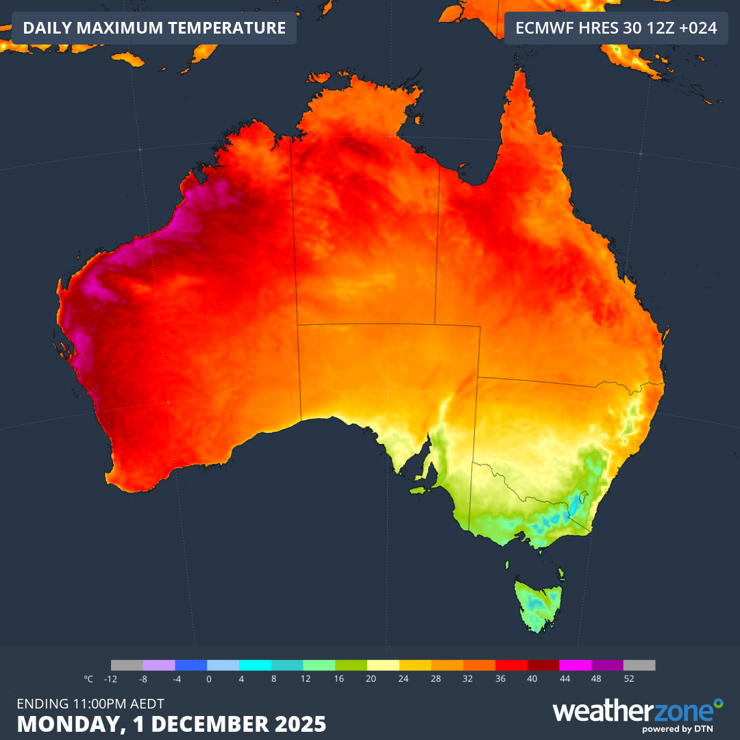 Forecast maximum temperatures in Australia on December 1, 2025. Source: Weatherzone.