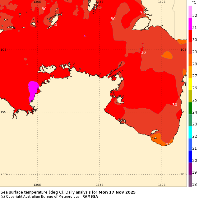 Sea surface temperatures to the north of the NT earlier this week, showing water temperatures around 30 to 31°C. Source: Bureau of Meteorology.