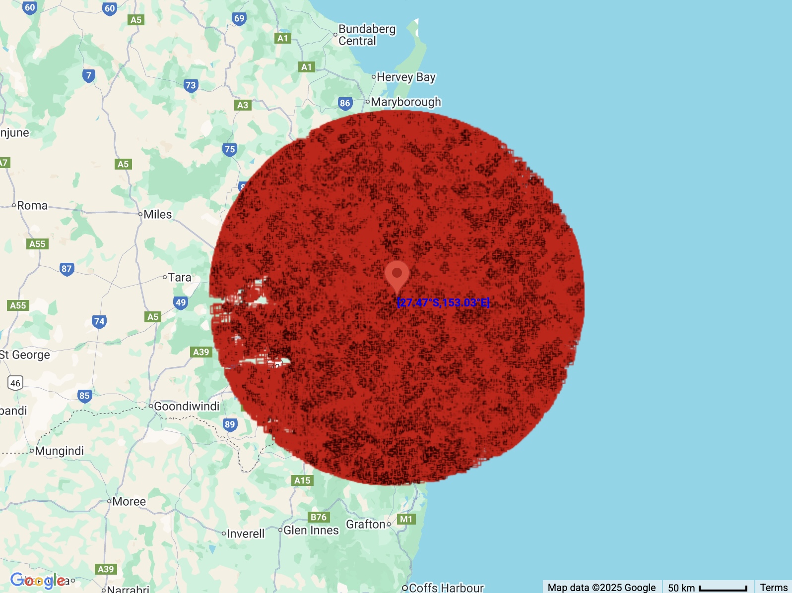 Red symbols show the locations of lightning pulses detected within a 200 km radius of Brisbane between 9am AEST on Sunday, November 23 and 9am AEST on Wednesday, November 26. Source: Weatherzone.