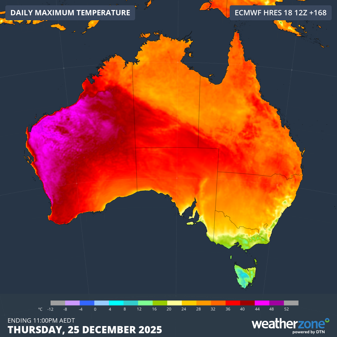 Forecast maximum temperatures across Australia on Christmas Day. Image: Weatherzone.