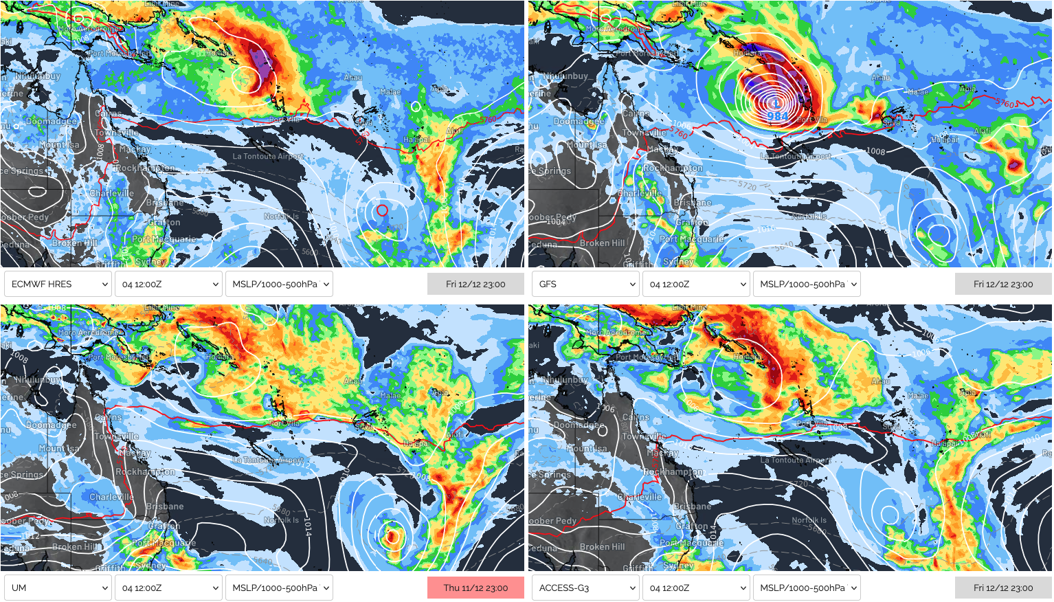 Four computer models predicting tropical lows or cyclones being active east of Australia late next week. Source: Weatherzone.