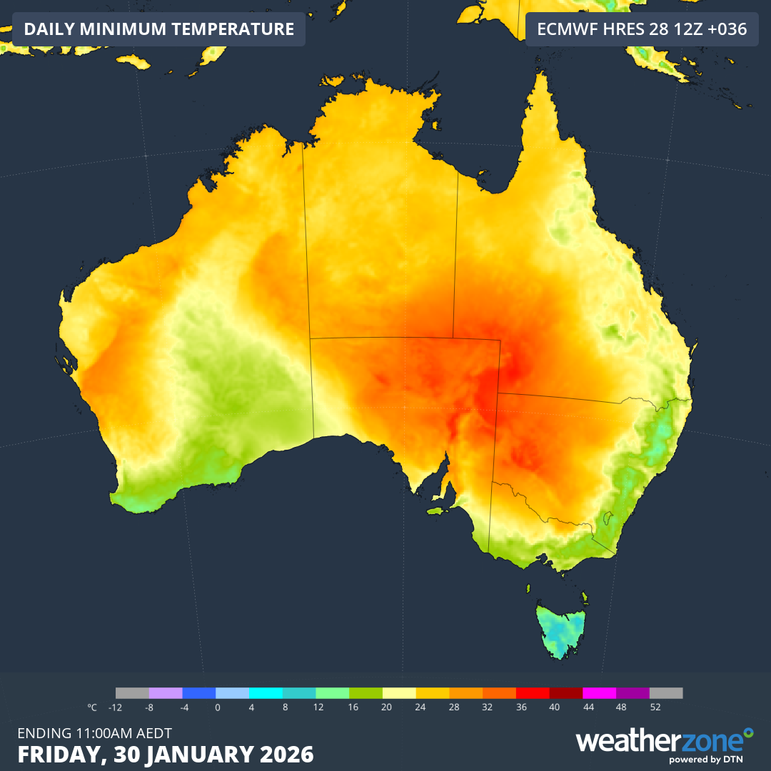 Forecast minimum temperatures over Australia on Friday, January 30, 2026. Source: Weatherzone.