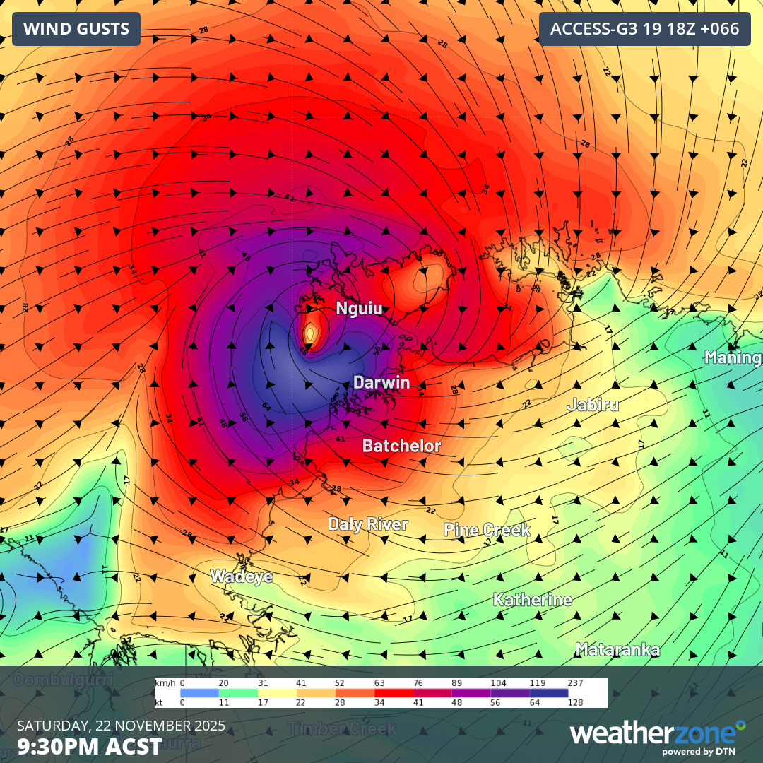 Forecast wind gusts from the ECMWF model showing the eye of Tropical Cyclone Fina directly over Darwin on Saturday night. This is not the official forecast track and should be treated with caution. Source: Weatherzone.