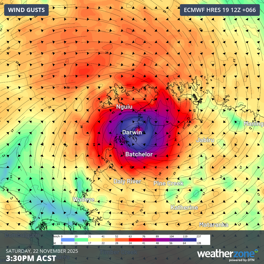 Forecast wind gusts from the ECMWF model showing the eye of Tropical Cyclone Fina directly over Darwin on Saturday afternoon. This is not the official forecast track and should be treated with caution. Source: Weatherzone.
