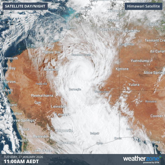 Visible satellite images showing ex-Tropical Cyclone Luana moving over the WA Interior on Tuesday, January 27, 2026. Source: Weatherzone.