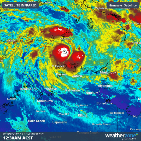 Enhanced infrared satellite images showing Tropical Cyclone Fina forming to the north of Darwin on Wednesday morning. Source: Weatherzone.
