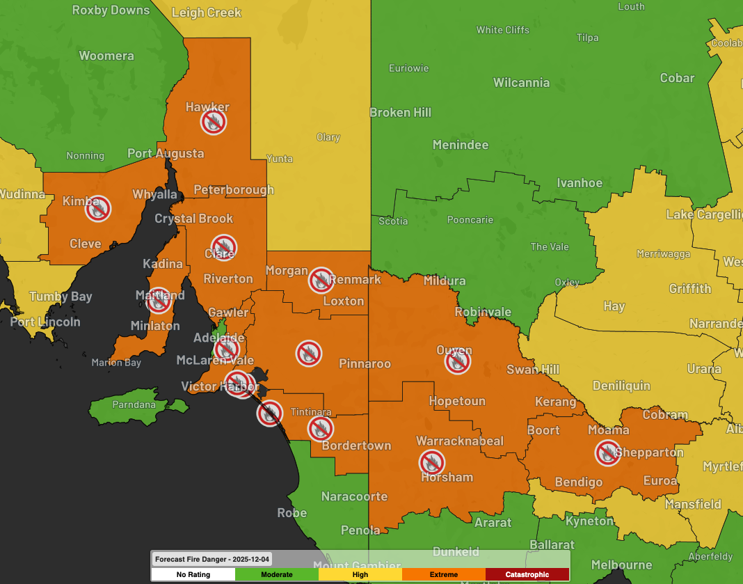 Forecast fire danger ratings and total fire bans on Thursday, December 4, 2025. Source: Weatherzone.