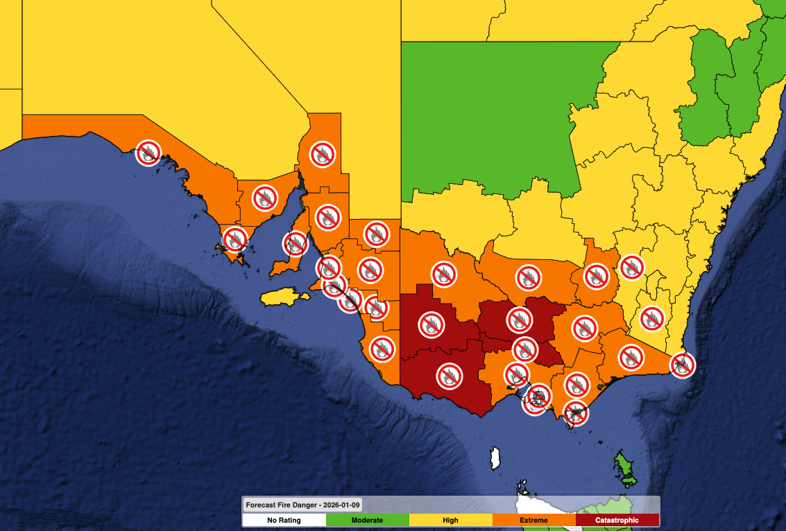 Forecast fire danger ratings and total fire bans on Friday, January 9, 2026. Source: Weatherzone.