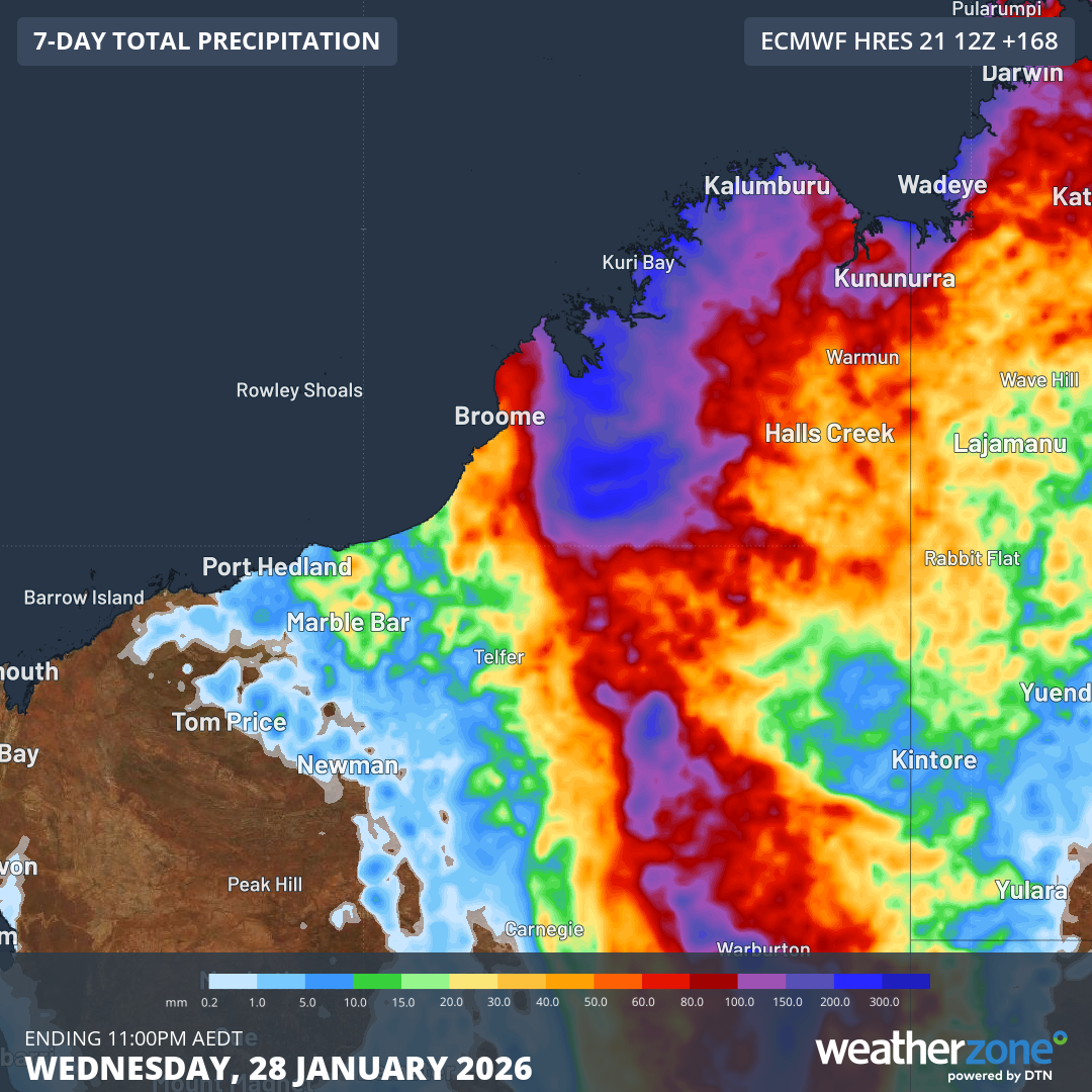 Forecast accumulated rain during the next seven days. Source: Weatherzone.
