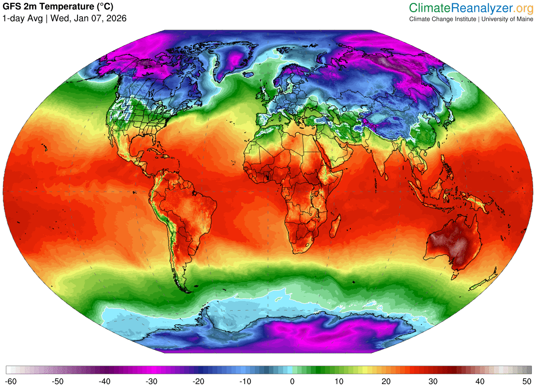 Modelled 1-day average temperature on Wednesday, January 7, 2026, showing a huge contrast between Australia and Russia. Source: ClimateReanalyzer.com