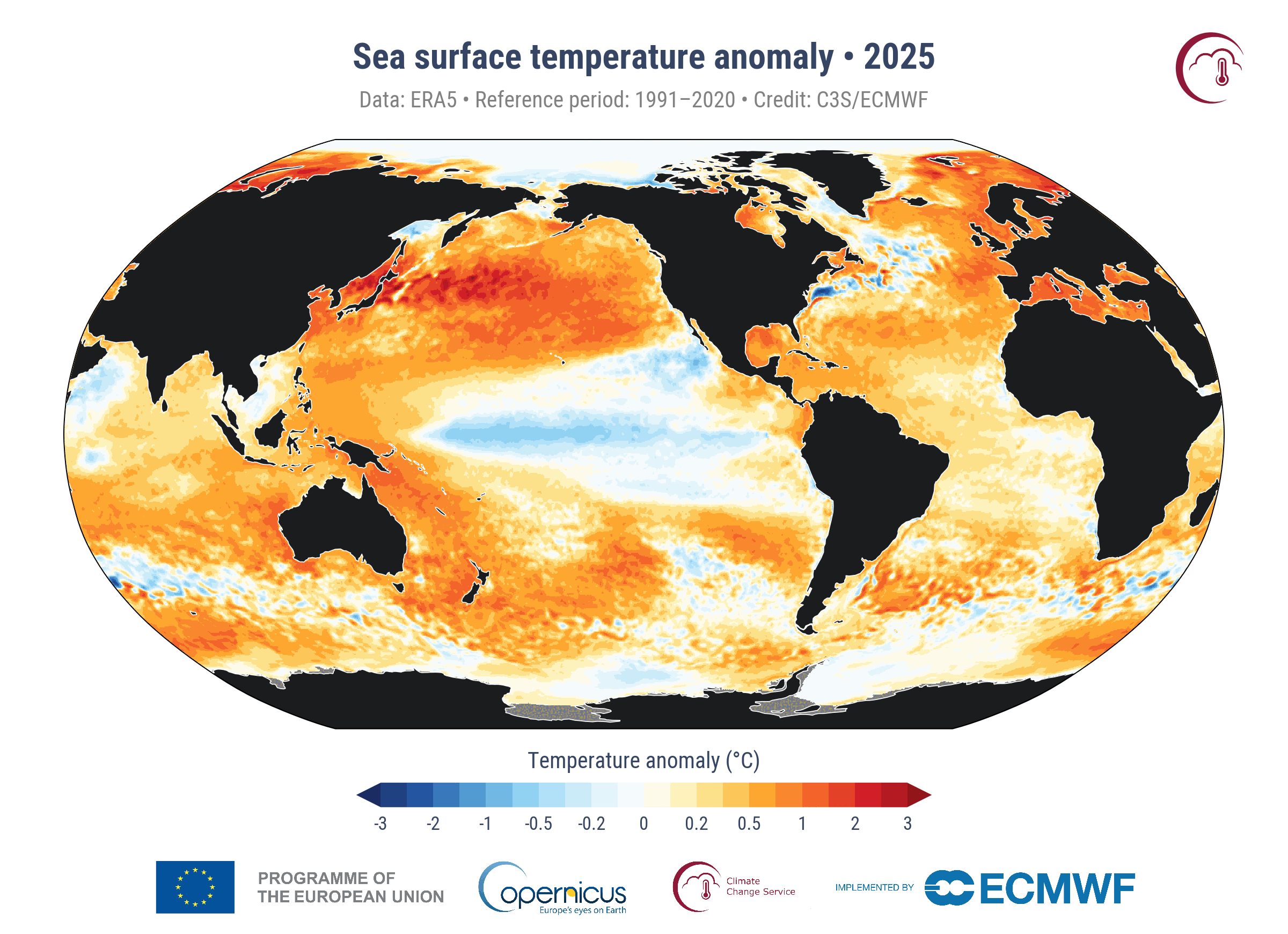 Global annual sea surface temperature anomalies in 2025. Source: ClimatePulse / Copernicus / ECMWF