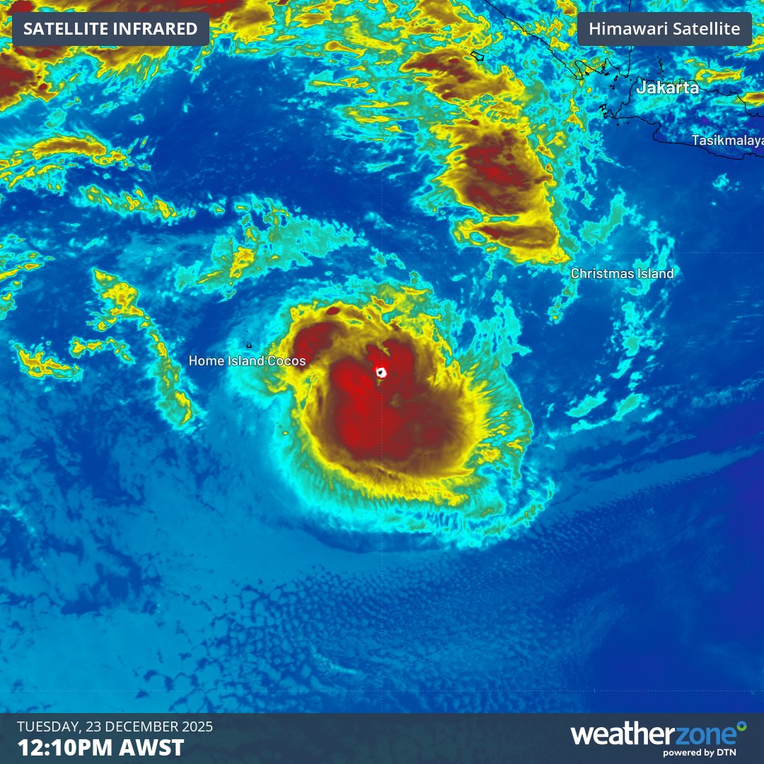 Enhanced infrared satellite image showing Tropical Cyclone Grant to the east of the Cocos (Keeling) Islands on Tuesday. Source: Weatherzone.