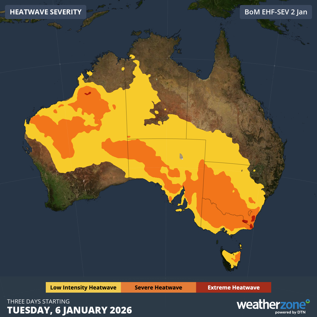 Forecast heatwave severity for the three days starting on Tuesday, January 6, 2025. Source: Weatherzone.