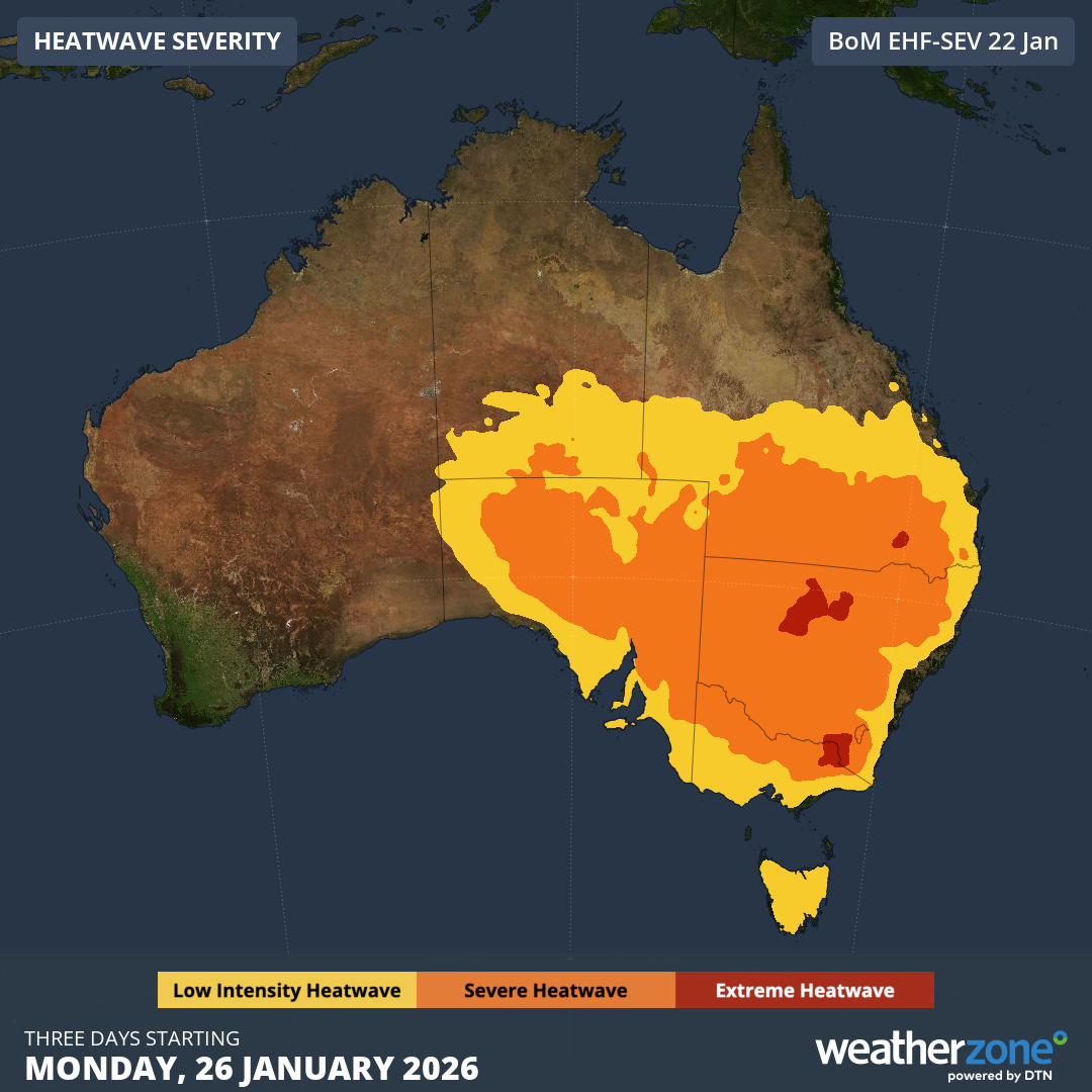 Heatwave severity forecast for the three days starting on Monday, January 26, 2026. Source: Weatherzone.