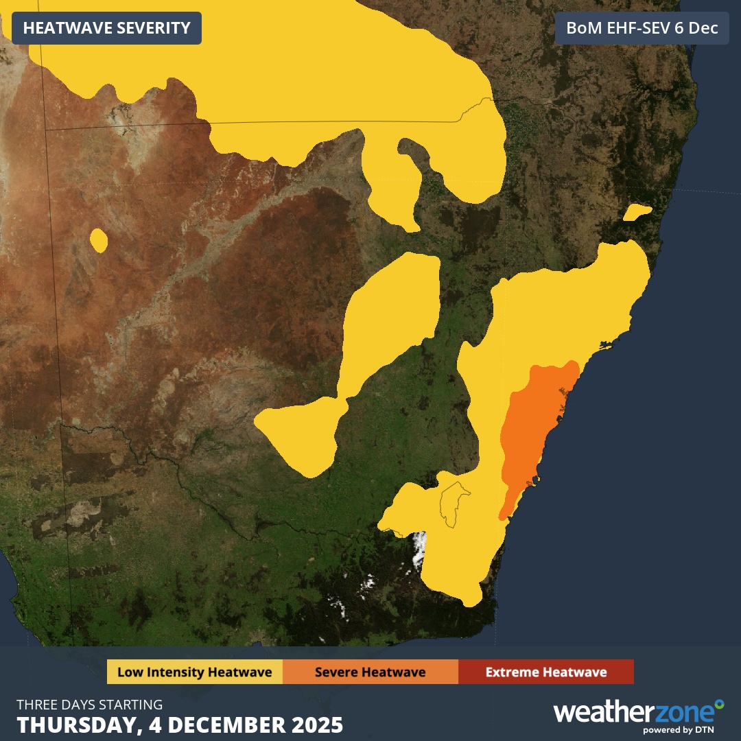 Heatwave severity over the three days from Thursday to Saturday this week. Source: Weatherzone.