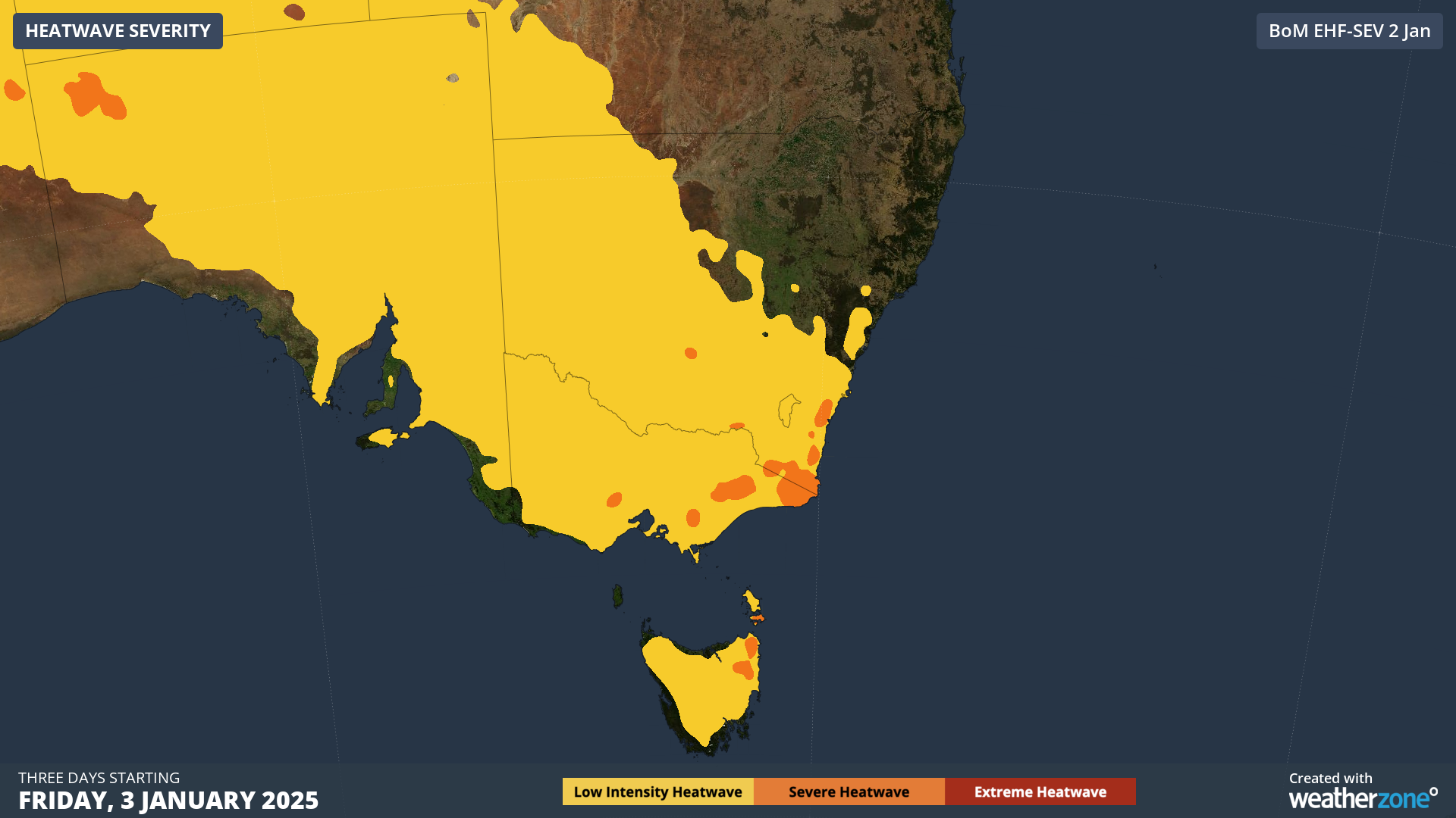 Heatwave severity forecast for the three days starting on Friday, January 3.