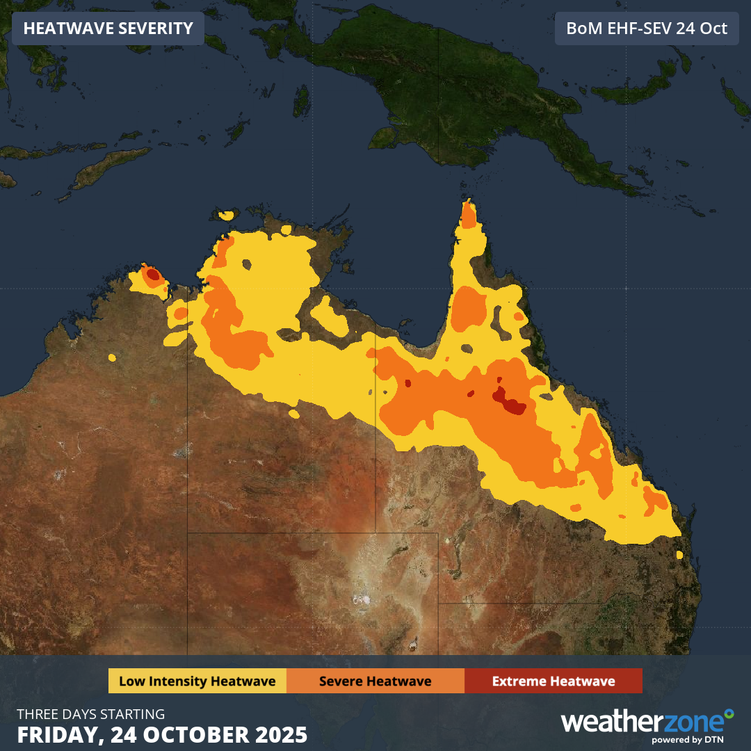 Severe-to-Extreme Heatwave conditions forecast between Friday and Sunday, October 24-26, 2025, parts of Qld, the NT and WA.