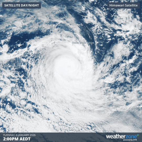 Visible satellite image showing Tropical Cyclone Jenna to the northwest of Australia on Tuesday, January 6, 2026. Source: Weatherzone.