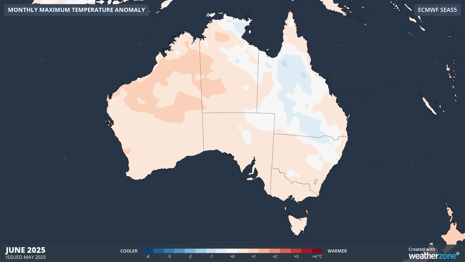 Forecast maximum temperature anomaly for June 2025, according to the ECMWF SEAS5 model.