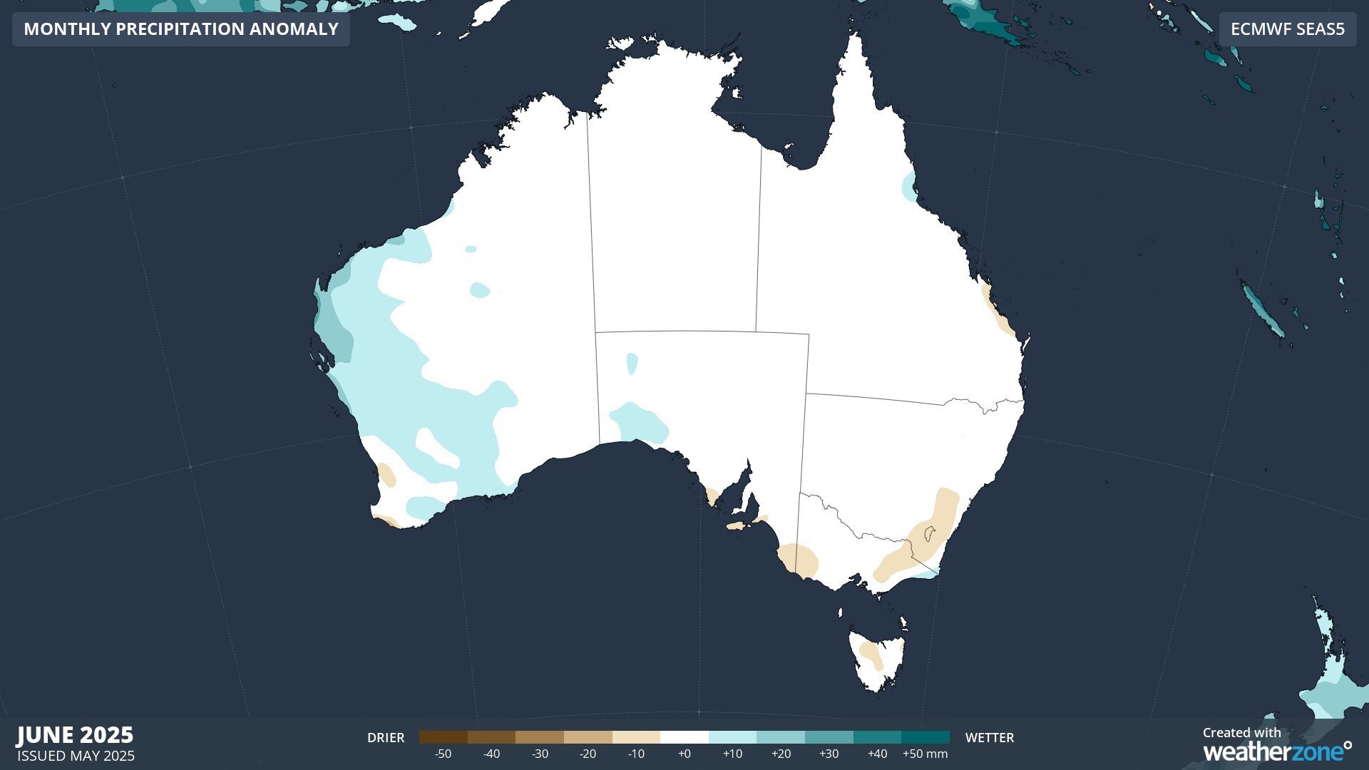 Forecast precipitation anomaly for June 2025, according to the ECMWF SEAS5 model.