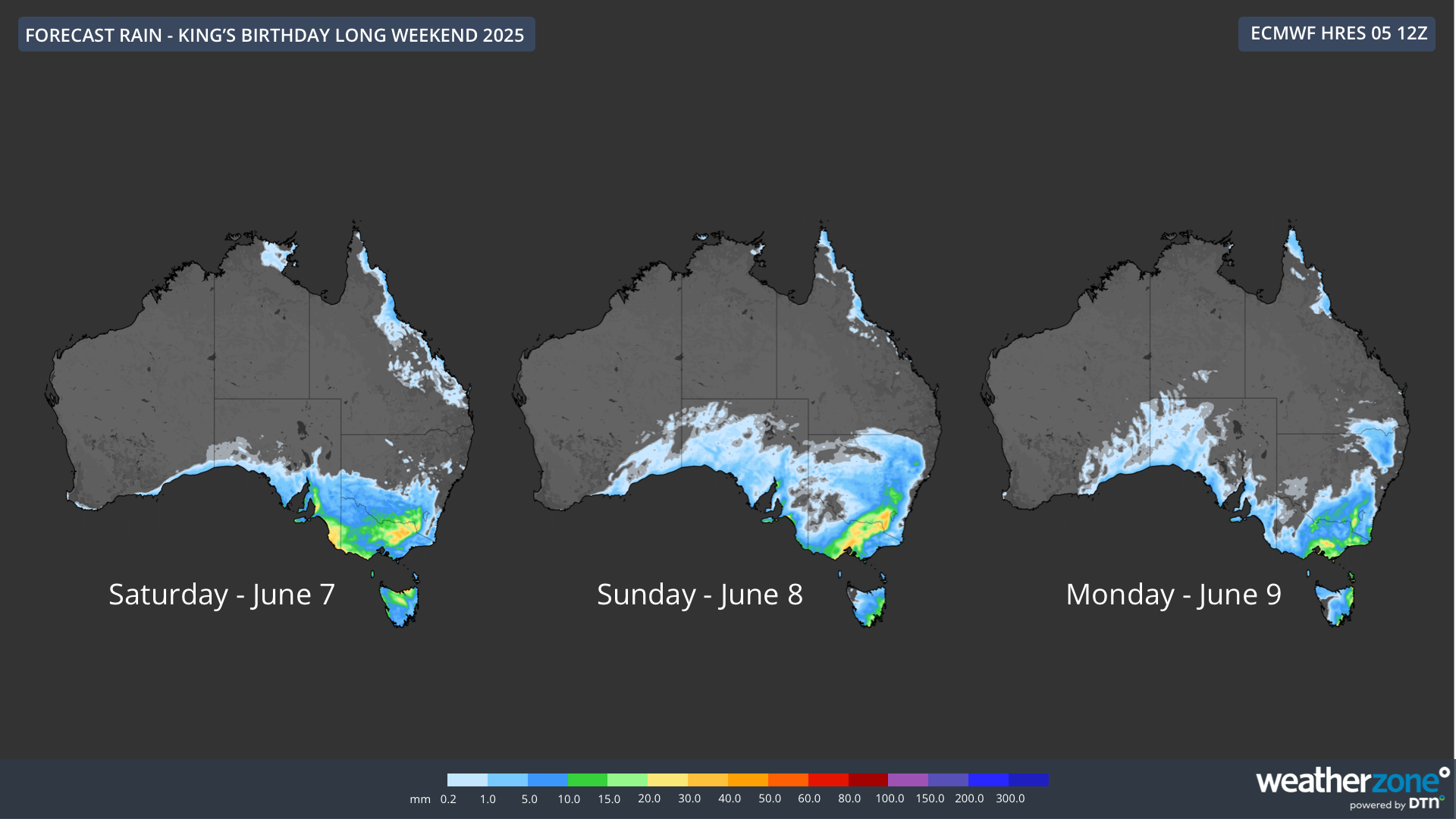 Forecast daily rainfall over the King’s Birthday long weekend.