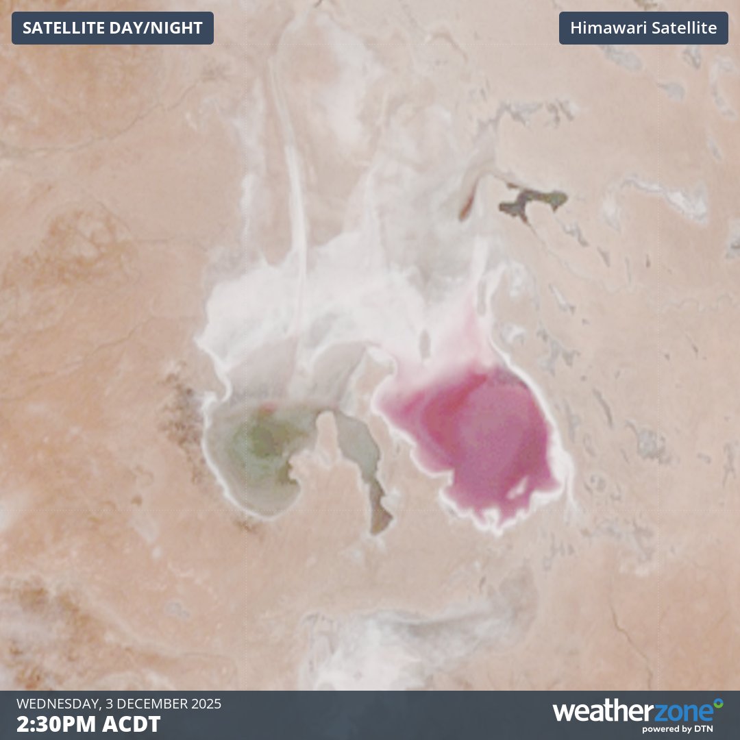 Pink water in Kati Thanda-Lake Eyre on Wednesday, seen by the Himawari-9 satellite. Source: Weatherzone.