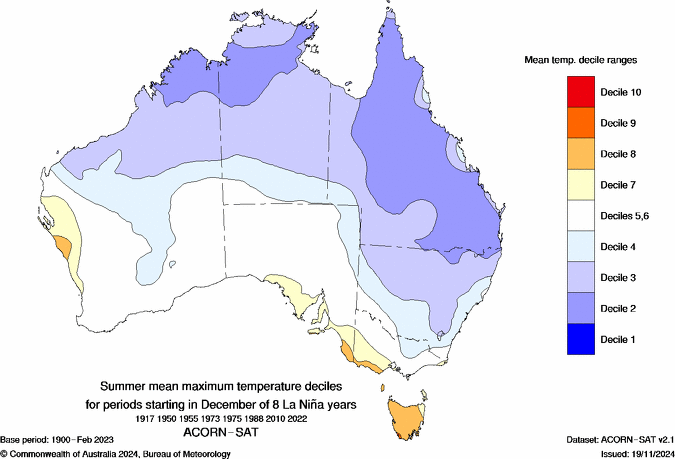 Average summer maximum temperature deciles under the influence of La Niña. The blue shading shows where summer days are typically cooler than average during La Niña. Source: Bureau of Meteorology.