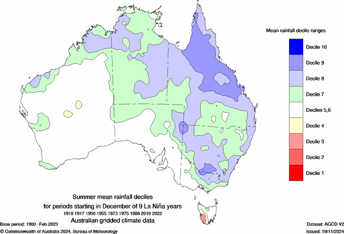 Average summer rainfall deciles under the influence of La Niña. The green and blue shading shows where summer rainfall is typically above average during La Niña. Source: Bureau of Meteorology.