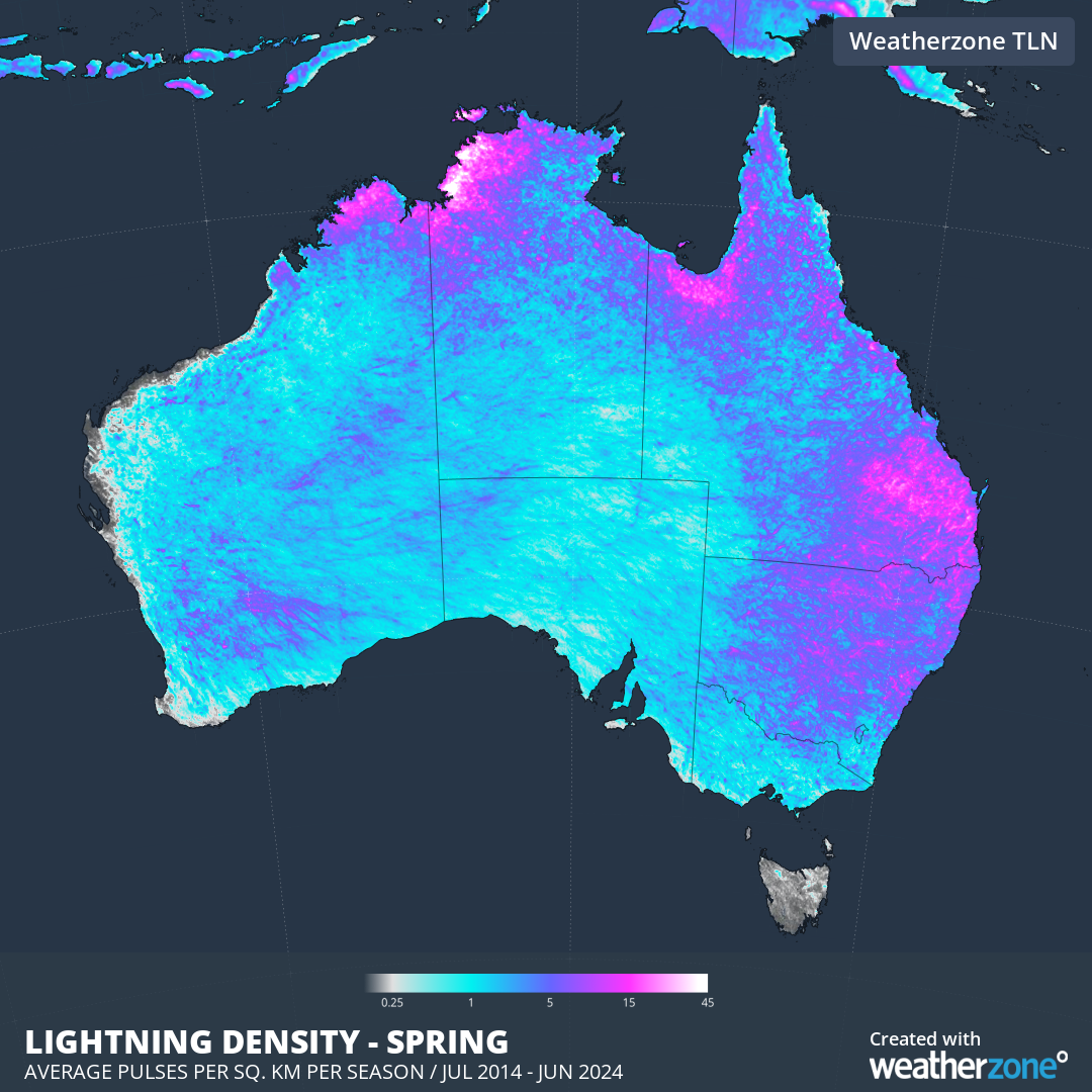 Average lightning density in spring based on lightning detected over Australia during each spring from 2014 to 2023