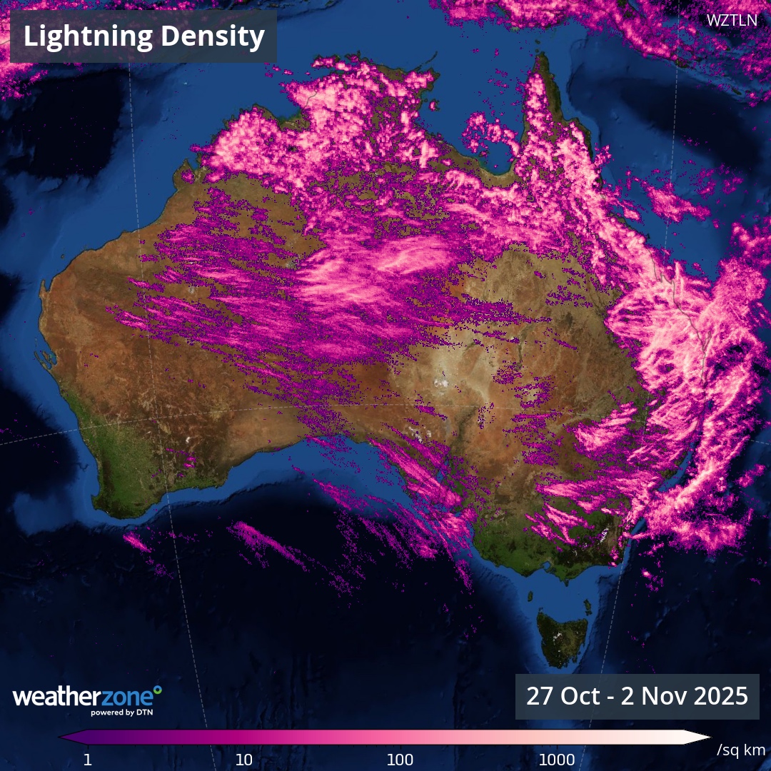Lightning detected over Australia between Monday, October 27 and Sunday, November 2, 2025. Source: Weatherzone.