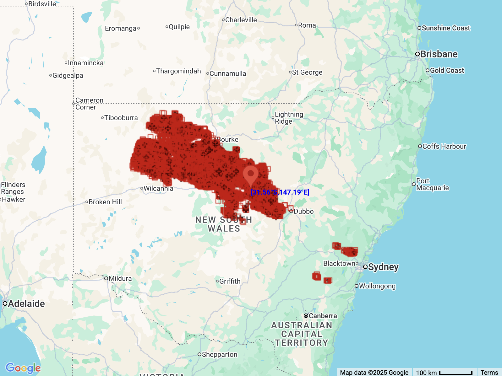 Lightning pulses detected within a 400 km radius of Nyngan, NSW during the three hours ending at 4:30pm AEDT on Saturday, December 6, 2025. Source: Weatherzone.