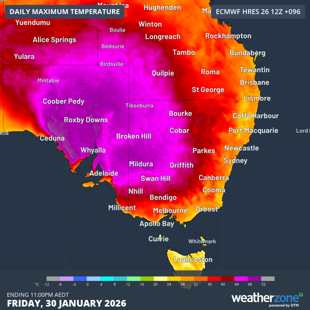 Forecast maximum temperatures on Friday, January 30, 2026. Source: Weatherzone.