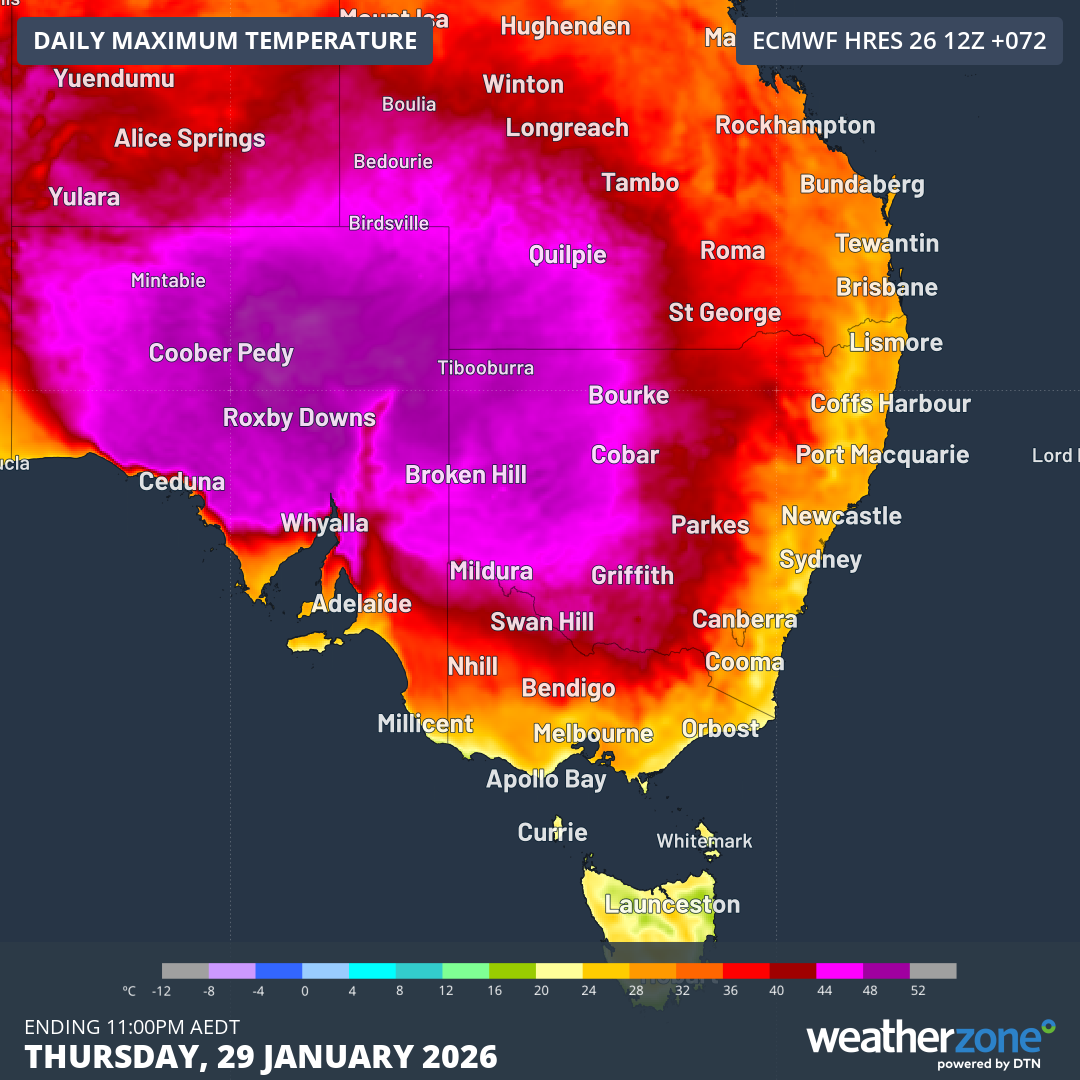 Forecast maximum temperatures on Thursday, January 29, 2026. Source: Weatherzone.