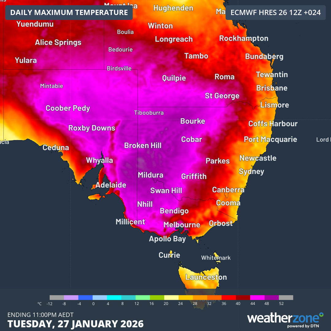 Forecast maximum temperatures on Tuesday, January 27, 2026. Source: Weatherzone.