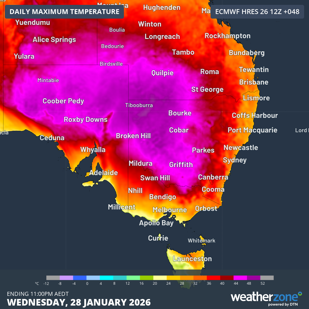 Forecast maximum temperatures on Wednesday, January 28, 2026. Source: Weatherzone.