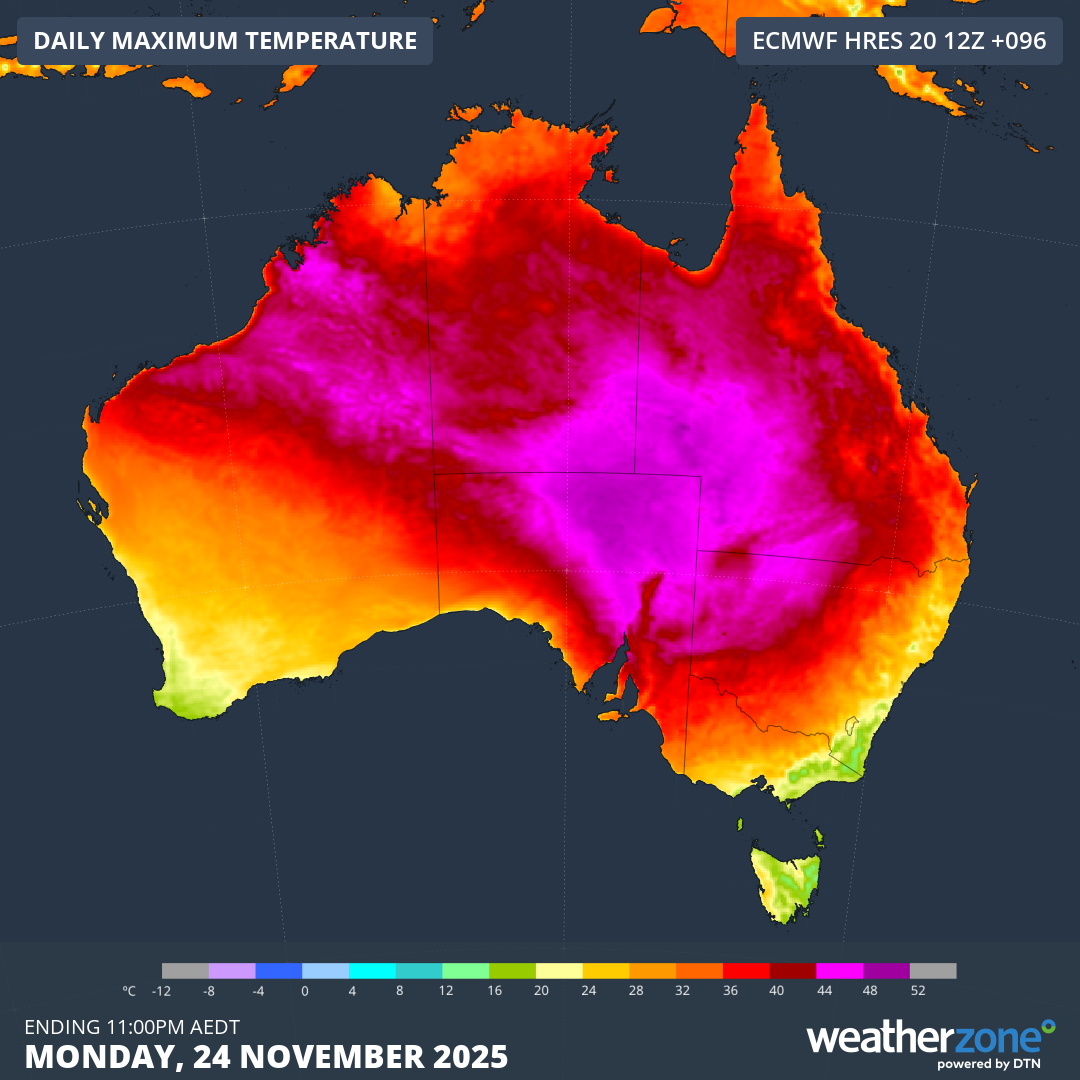Forecast maximum temperatures on Monday, November 24, 2025. Source: Weatherzone.