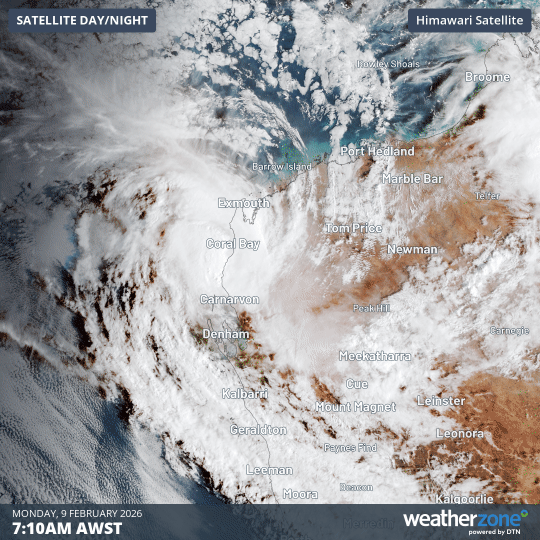 Visible satellite images showing Tropical Cyclone Mitchell located near the Ningaloo Coast on Monday, February 9. Source: Weatherzone.