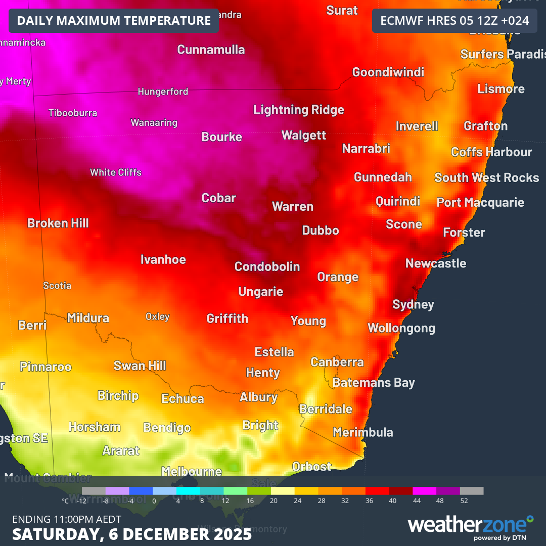 Modelled maximum temperature on Saturday, December 6, according to the ECMWF-HRES model. Source: Weatherzone.