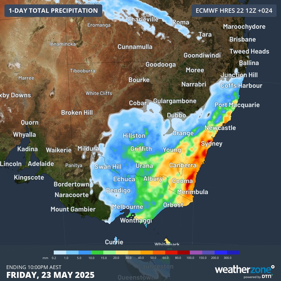 Forecast accumulated rain during the 24 hours ending at 10pm AEST on Friday.